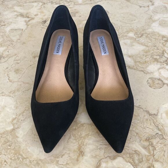 Steve Madden Sabrinah Sleek Black Suede Leather Kitten Heel Pointed Toe Pumps - Picture 4 of 12